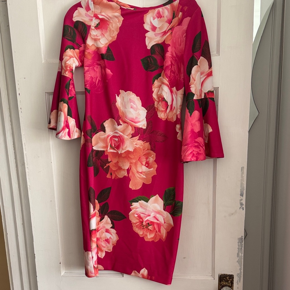 Calvin Klein Hot Pink Floral Bell-Sleeve Sheath Dress